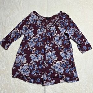 Lucky Brand Womens Blouse Top Size 1X Burgundy Blue Floral Print Pleated Neck